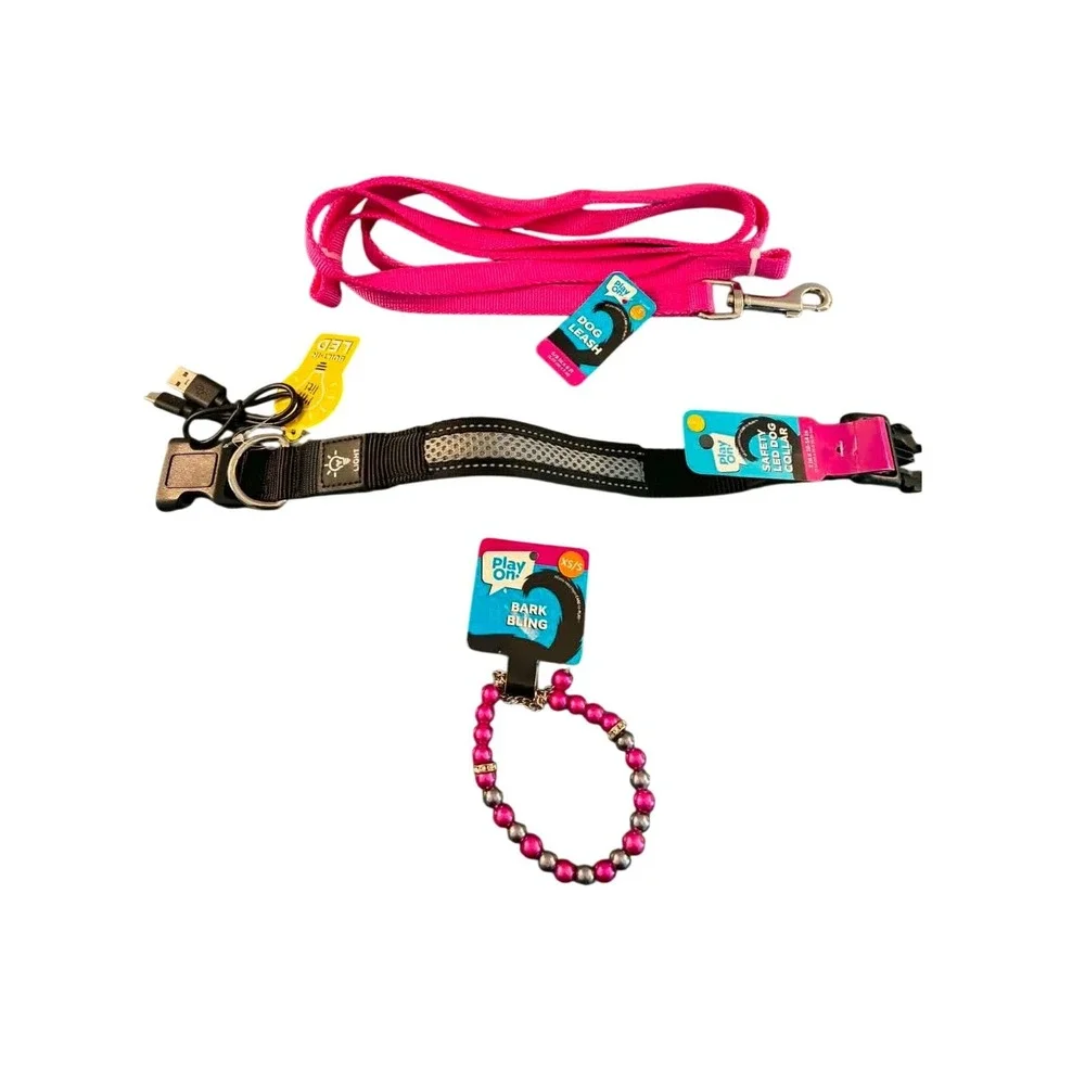 Play On! Dog Accessory Set XS/S Pink Black‎ LED Collar Leash Bark Bling Necklace